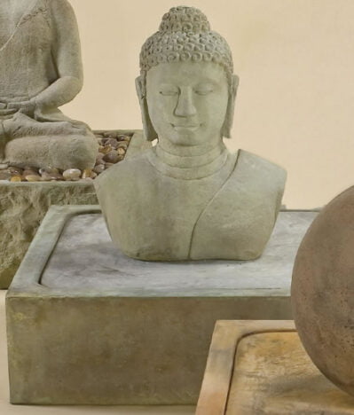 Buddha Bust Water Fountain, cast stone. Giannini Garden Ornaments.