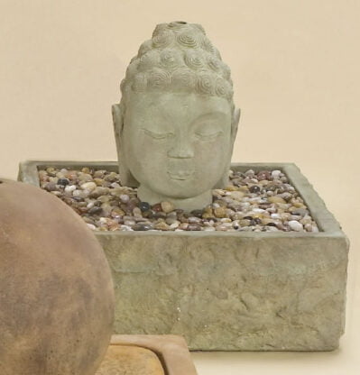 Buddha Head Water Fountain, cast stone. Giannini Garden Ornaments.