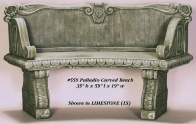 Palladio Curved Bench, cast stone. Giannini Garden Ornaments.