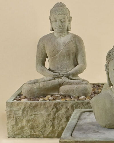Sitting Buddha Water Fountain, cast stone. Giannini Garden Ornaments.