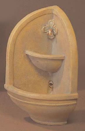 Tuscan Corner Wall Water Fountain, cast stone. Giannini Garden Ornaments.
