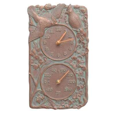 Cardinal indoor-outdoor wall clock and thermometer. Shown in Copper Verdigris.