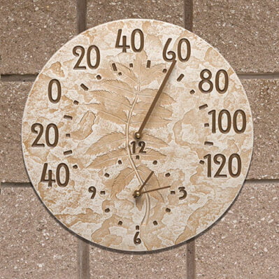 Fossil Sumac 14 Indoor Outdoor Clock & Thermometer Weathered Limestone. Whitehall 01587
